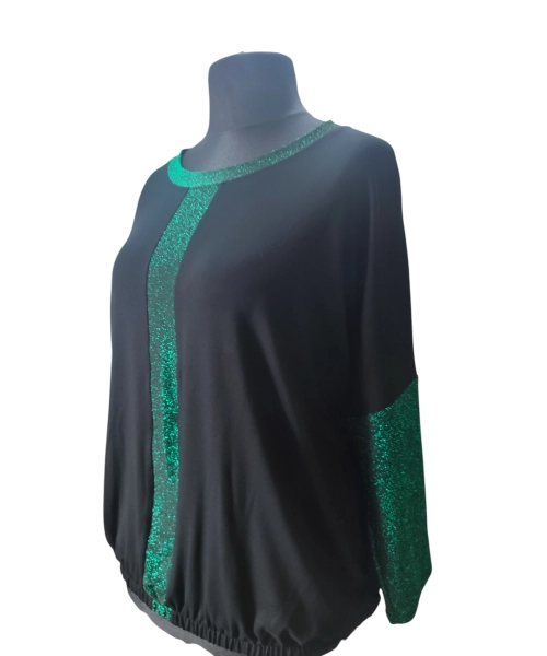 Wieczorowa Bluzka bombka z błyszczącym zielonymi wstawkami